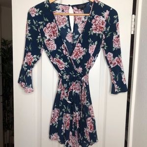 Navy Blue/Pink Floral Quarter Sleeved Romper